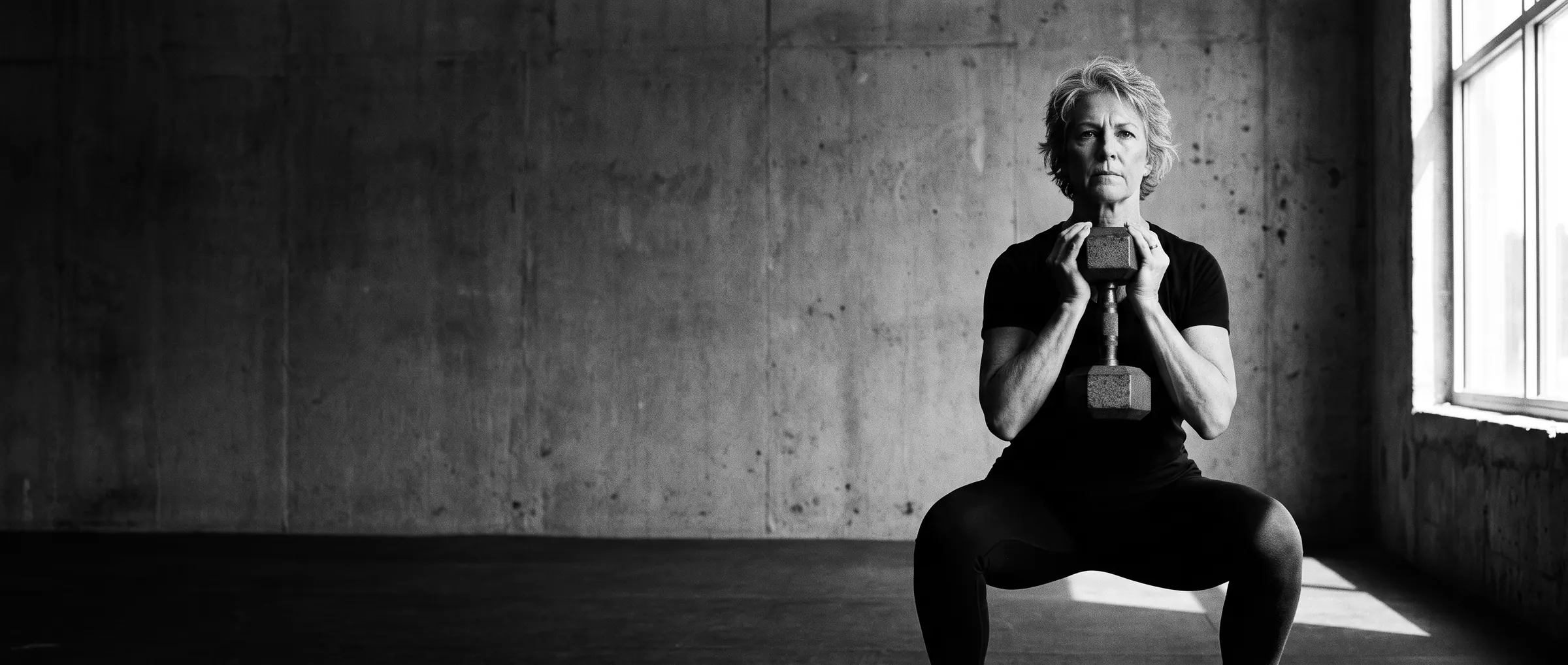 A woman in her fifties holding a deep goblet squat with a heavy dumbbell